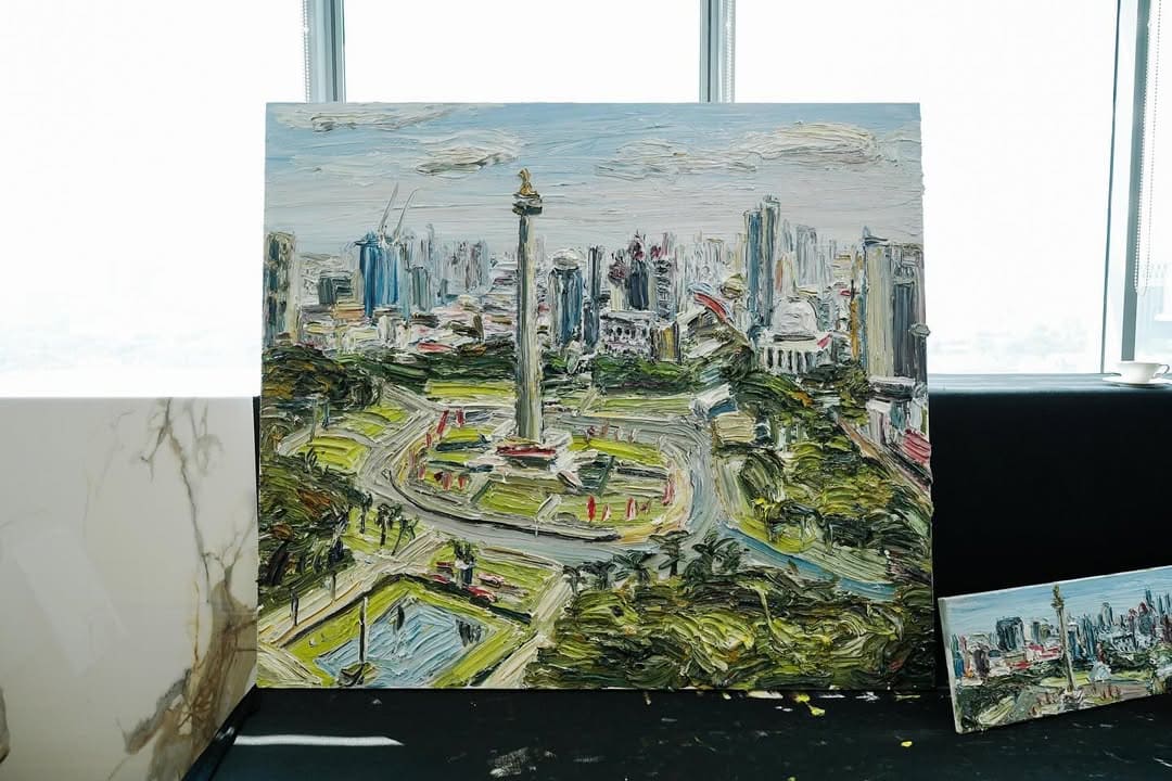 Hasil Karya Christopher Lehmpfuhl Melukis Monas Menggunakan Tangan. Keindahan Monas bisa Dinikmati dan Diabadikan.